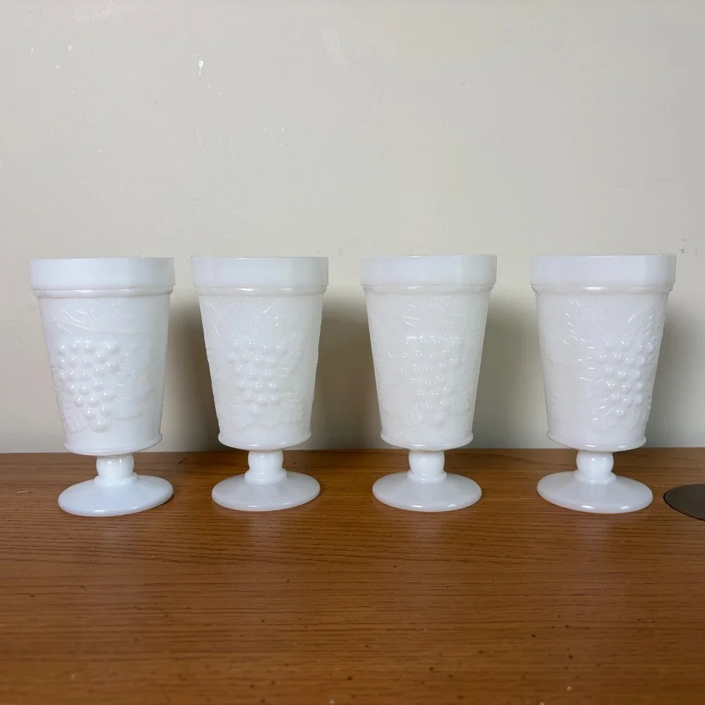 Vintage Westmoreland Milk Glass Paneled Grape Footed Goblets Set of 4 White MCM
